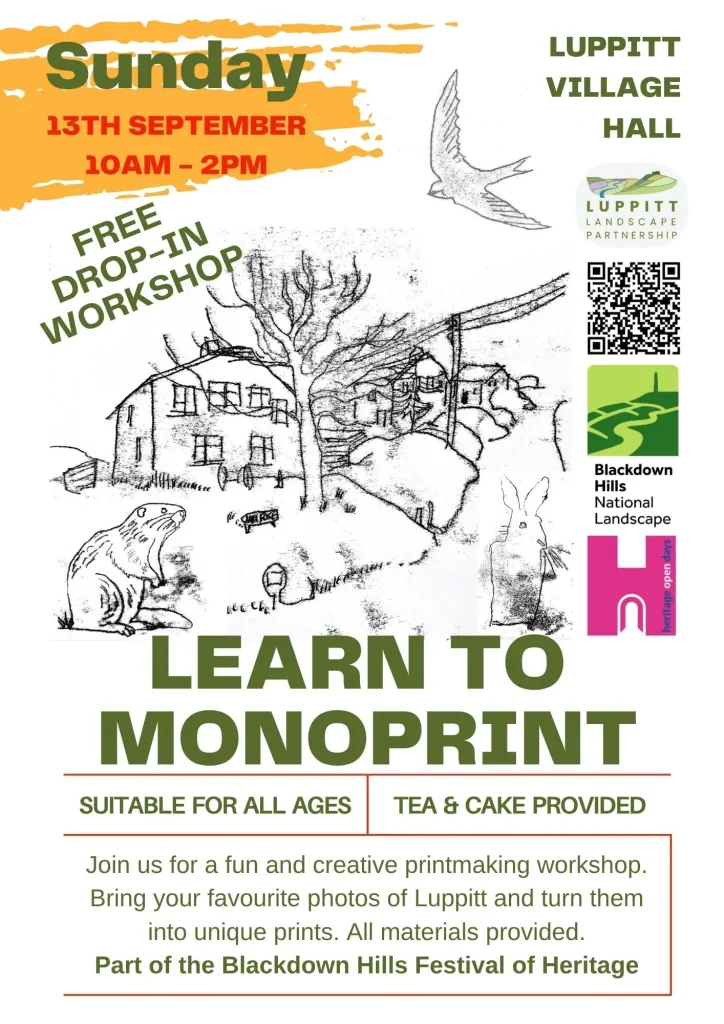 Learn to Monoprint free drop in workshop at Luppitt Village Hall on Sunday 13th September 10am-2pm. Suitable for all ages. Tea and cake provided.